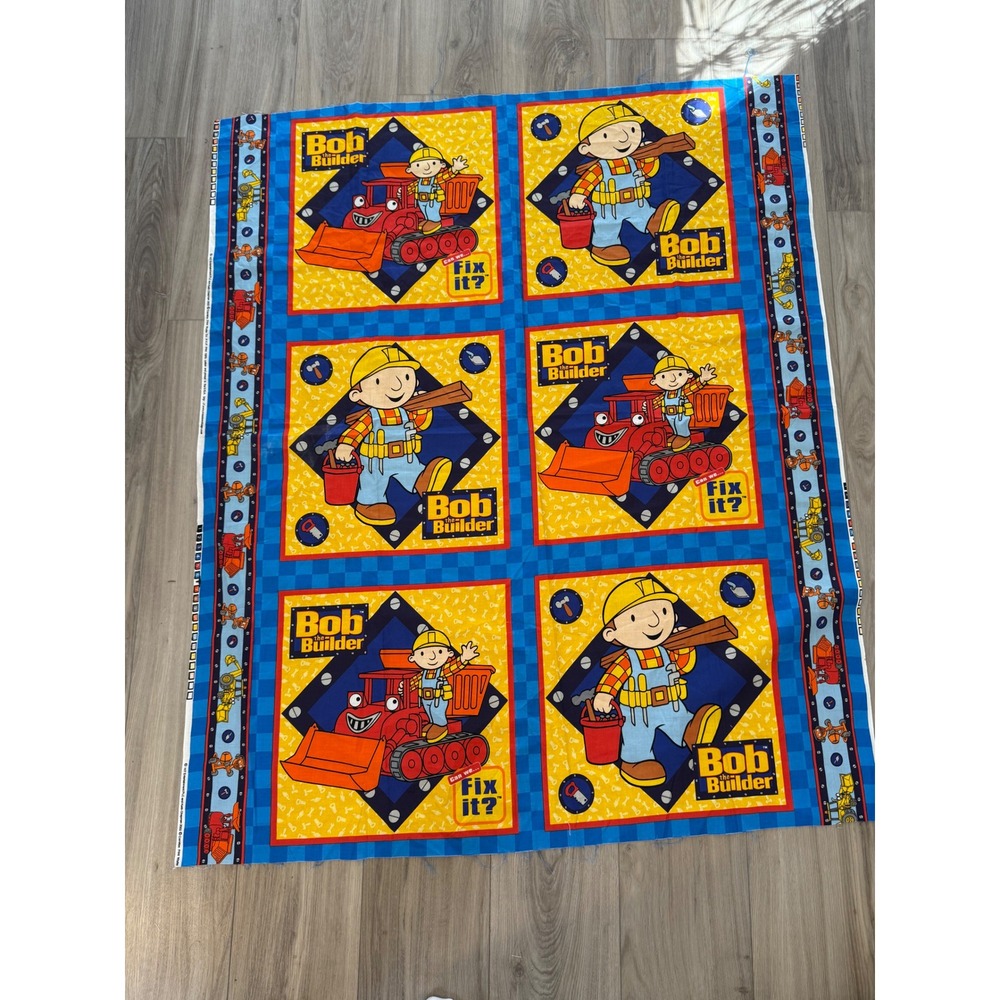 Vintage Bob the Builder Cotton Fabric Panel 2002 Cranston Print Works 44x35 Blue
